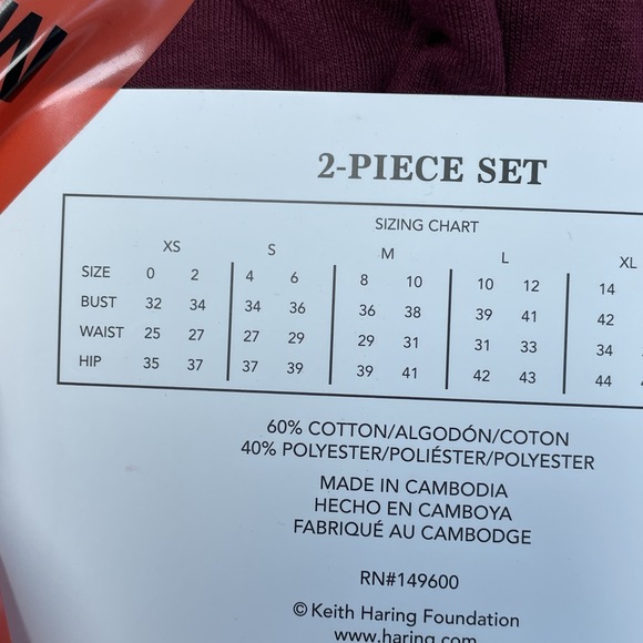 Keith Haring New Women's Size M Pajama Set Burgundy a2083 - Picture 3 of 5